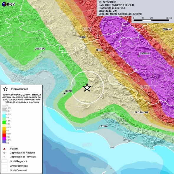 Mappa di pericolosità sismica nella zona delle scosse