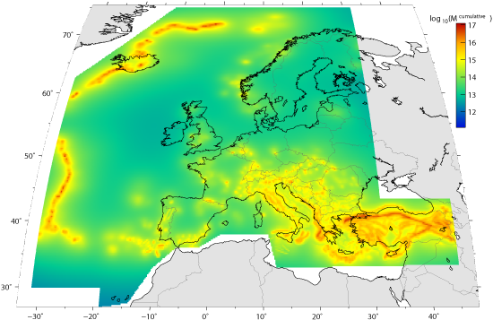 Annual moment release of M0(N(Mw≥5)) of the SEIFA model. Scale is logarithmic.