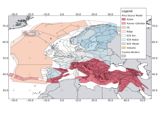 Area Source Model geometry colored by tectonic regimes.