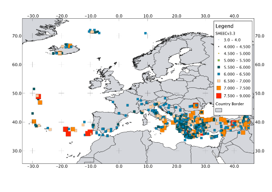 SHARE European Earthquake Catalog: All events of MW≥6.0