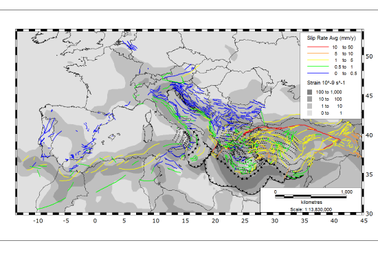 Euro-Mediterranean strain rate map with superposed faults colored by slip rate.