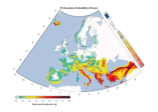 European Seismic Hazard Map: PGA, 975 years return period.