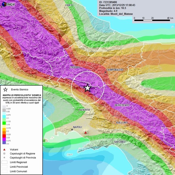 Mappa di pericolosità sismica del territorio nazionale (GdL MPS, 2004; rif. Ordinanza PCM del 28 aprile 2005, n. 3519, All. 1b) espressa in termini di accelerazione massima del suolo con probabilità di eccedenza del 10% in 50 anni, riferita a suoli rigidi (Vs30>800 m/s; cat. A, punto 3.2.1 del D.M. 14.09.2005). 