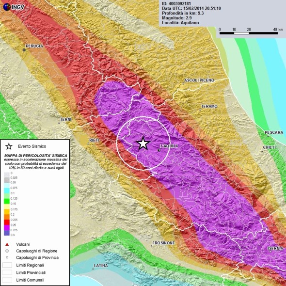 Mappa di pericolosità sismica del territorio nazionale (GdL MPS, 2004; rif. Ordinanza PCM del 28 aprile 2005, n. 3519, All. 1b) espressa in termini di accelerazione massima del suolo con probabilità di eccedenza del 10% in 50 anni, riferita a suoli rigidi (Vs30>800 m/s; cat. A, punto 3.2.1 del D.M. 14.09.2005). 