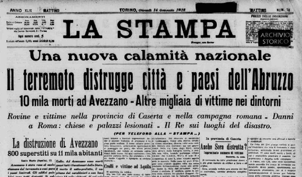 La prima pagina del quotidiano La Stampa del 14 gennaio 1915 