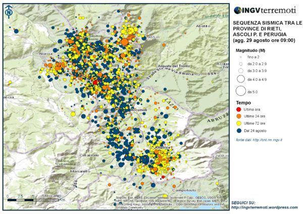 La mappa della sequenza sismica aggiornata al 29 agosto alle ore 9:00.
