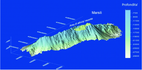 Figura 2. Modello digitale del vulcano Marsili, la cui lunghezza è di circa 70 km e la larghezza di circa 30 km