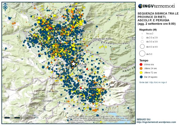 La mappa della sequenza sismica in Italia Centrale aggiornata al 2 settembre alle ore 8:00.