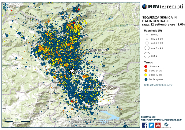 La mappa della sequenza sismica in Italia centrale aggiornata la 12 settembre alle ore 11:00.