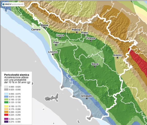 La pericolosità sismica della Toscana (fonte: http://zonesismiche.mi.ingv.it/).