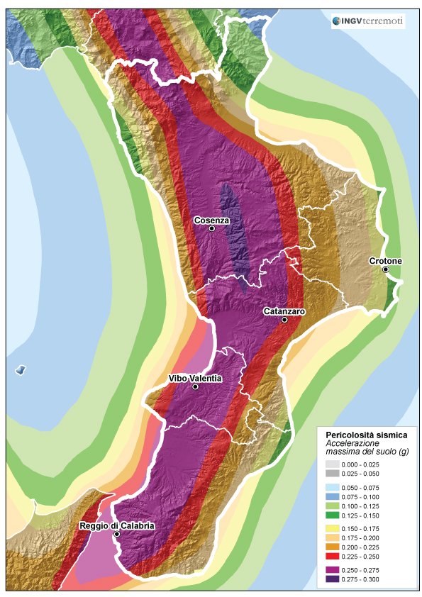 La pericolosità sismica in Calabria (fonte: zonesismiche.mi.ingv.it).
