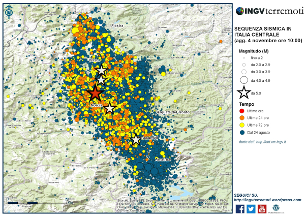 La mappa della sequenza sismica dal 24 agosto.