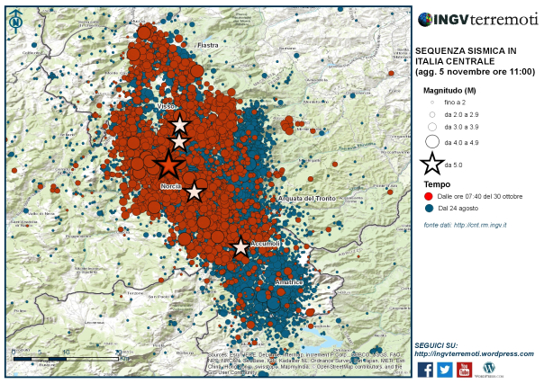 I terremoti registrati dalla Rete Sismica Nazionale dell'INGV dal 24 agosto: in rosso gli eventi registrati dopo il 30 ottobre alle ore 07:40. 