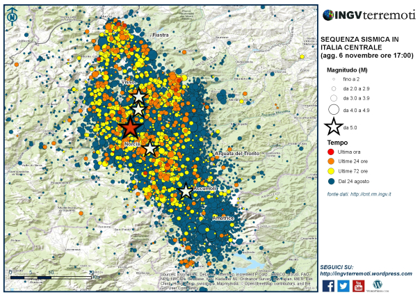 La mappa della sequenza sismica dal 24 agosto. 