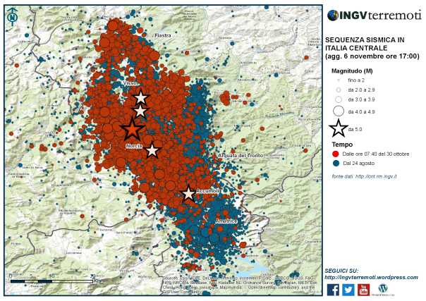 La mappa della sequenza sismica dal 24 agosto: in rosso gli eventi dell'ultima settimana, dalle ore 07:40 del 30 ottobre. 