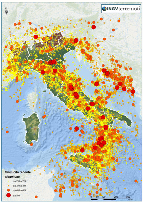 La sismicità dal 1985 al 2014. Sono mostrati i terremoti di magnitudo ML≥2.0 registrati dalla Rete Sismica Nazionale (Dati: Iside, http://iside.rm.ingv.it)