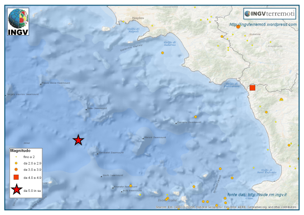 L'area del Mar Tirreno e delle coste campane e lucane interessate dai due eventi di magnitudo 