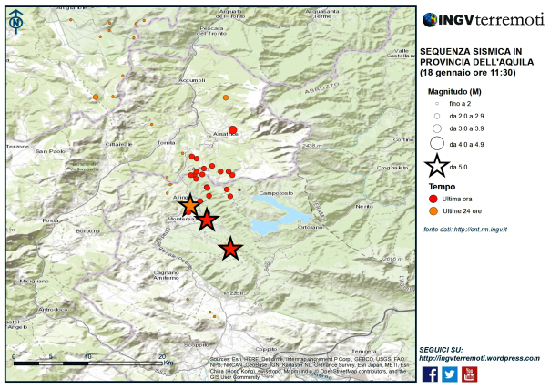 La sismicità delle ultime 24 ore nell'area della Provincia dell'Aquila dove sono stati localizzati i 3 eventi di magnitudo maggiore di 5. 