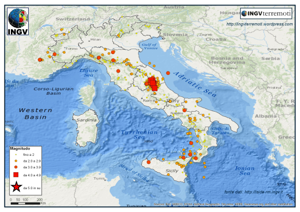 La mappa della sismicità nel mese di novembre 2016.