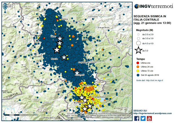 La mappa della sequenza sismica in Italia Centrale dal 24 agosto 2016 al 20 gennaio 2017. Negli ultimi giorni l’attività sismica è concentrata soprattutto nel’area a sud tra le province dell’Aquila e Rieti.